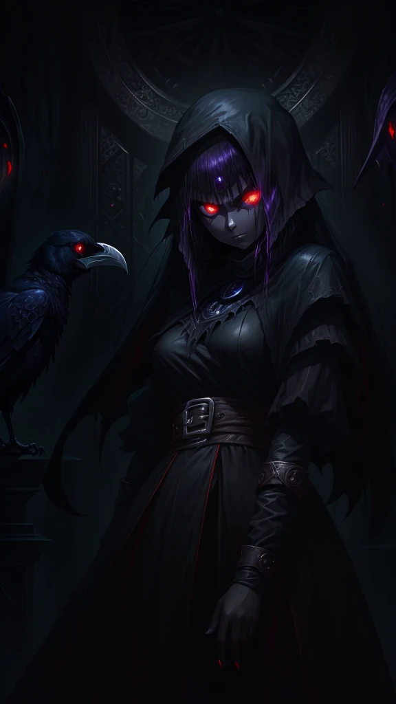 girl, dark, glowing eyes, evil, evil and scary look, raven nearby