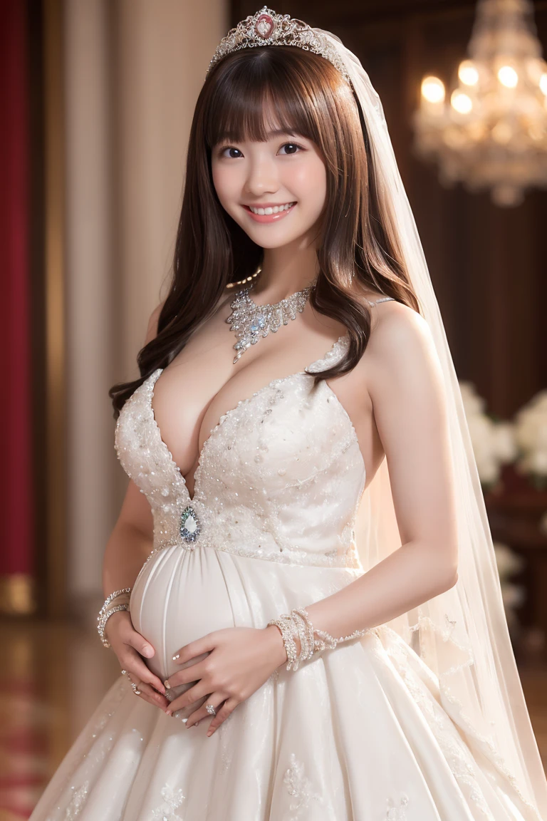 (Highest quality、Tabletop、8k、Best image quality、Award-winning works)、One beautiful bride、(The most extravagant and gorgeous huge wedding dresses:1.3)、(The most luxurious and perfect wedding lace:1.3)、(The most extravagant and luxurious giant tiara:1.3)、(The most luxurious and extravagant giant necklace:1.3)、(The most extravagant and luxurious giant jewellery:1.3)、(An elaborate and beautifully decorated wedding dress:1.3)、(Brightly bejeweled wedding dresses:1.3)、portrait photo of a beautiful female、Glowing Skin、Brown Hair、Standing Elegantly、(Strongly blurred luxurious and elegant palace hall background:1.3)、The best smile、Smile big and show your teeth、(Large Breasts:1.1)、(Cleavage:1.1)、(pregnancy:1.2)