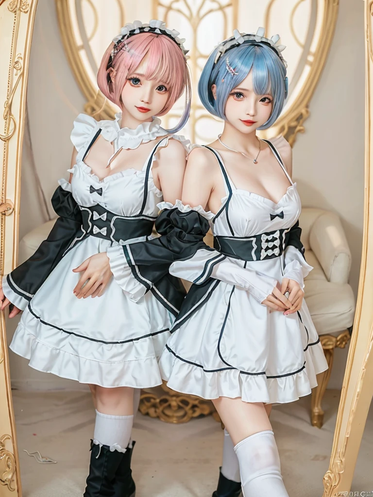 Accurate depiction with high resolution,(8K, Photorealistic, Raw photo, of the highest quality: 1.3), (1girl in), Super beautiful, (Realistic face), (boyish, pink Color Berry Shorthair), Beautiful , Glare that captivates the viewer, Beautiful expression, Beautiful breasts, (Realistic skin), Be...Create a detailed and colorful image of Ram and Rem from Re:Zero, standing back-to-back in their maid outfits, with a magical fantasy background、14years old, two girls,cute, perfect face, beautiful, nice body, gothic lolita clothes, gothic lolita fashion, frilly skirt, headdress, necklace, bracelet, knee-high socks, boots, double eyelids, tear bags, Detailed down to the fingers, photo-like description, indoors, dim indoor lighting, one girl is pink hair and short bob, another girl is light blue hair and short bob,standing,whole body, composition that shows the whole body, smiling,The Both of them are wearing the same type of maid outfit,Optimal ratio of 4 fingers and 1 thumb,walking