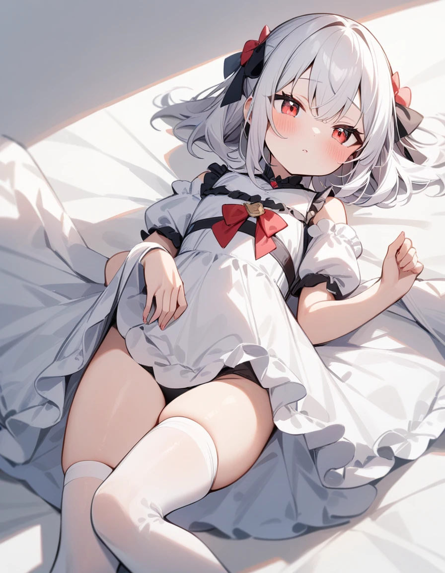 (masterpiece), (best quality), simple background, 1girl, white hair, red eyes, loli, white stockings, lying down, legs open