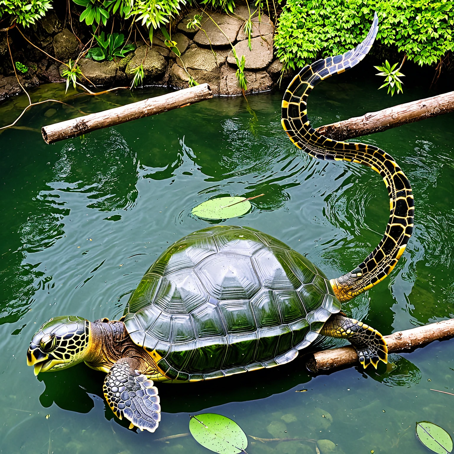 There are many magical turtles living at the bottom of the river,Its shape is no different from that of a turtle.,But it was a bird's eye view but a snake's tail,Mysterious Creatures, shrike, (best quality,4k,8k,High level,masterpiece:1.2),Ultra Detailed,(lifelike,Photo real,Photo real:1.37),Highly detailed animals,Complex patterns,Dramatic lighting,Fantasy Creatures