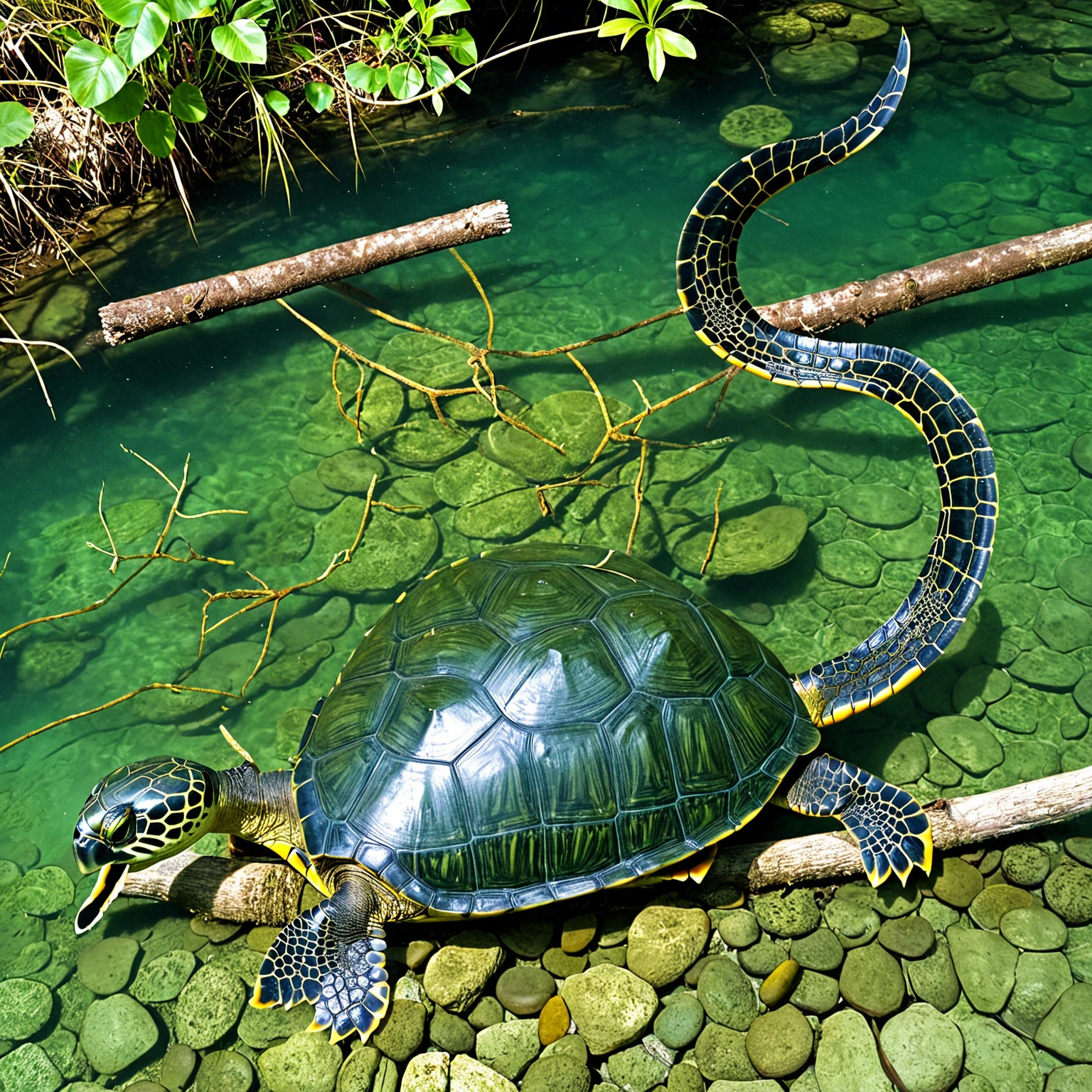 There are many magical turtles living at the bottom of the river,Its shape is no different from that of a turtle.,But it was a bird's eye view but a snake's tail,Mysterious Creatures, shrike, (best quality,4k,8k,High level,masterpiece:1.2),Ultra Detailed,(lifelike,Photo real,Photo real:1.37),Highly detailed animals,Complex patterns,Dramatic lighting,Fantasy Creatures