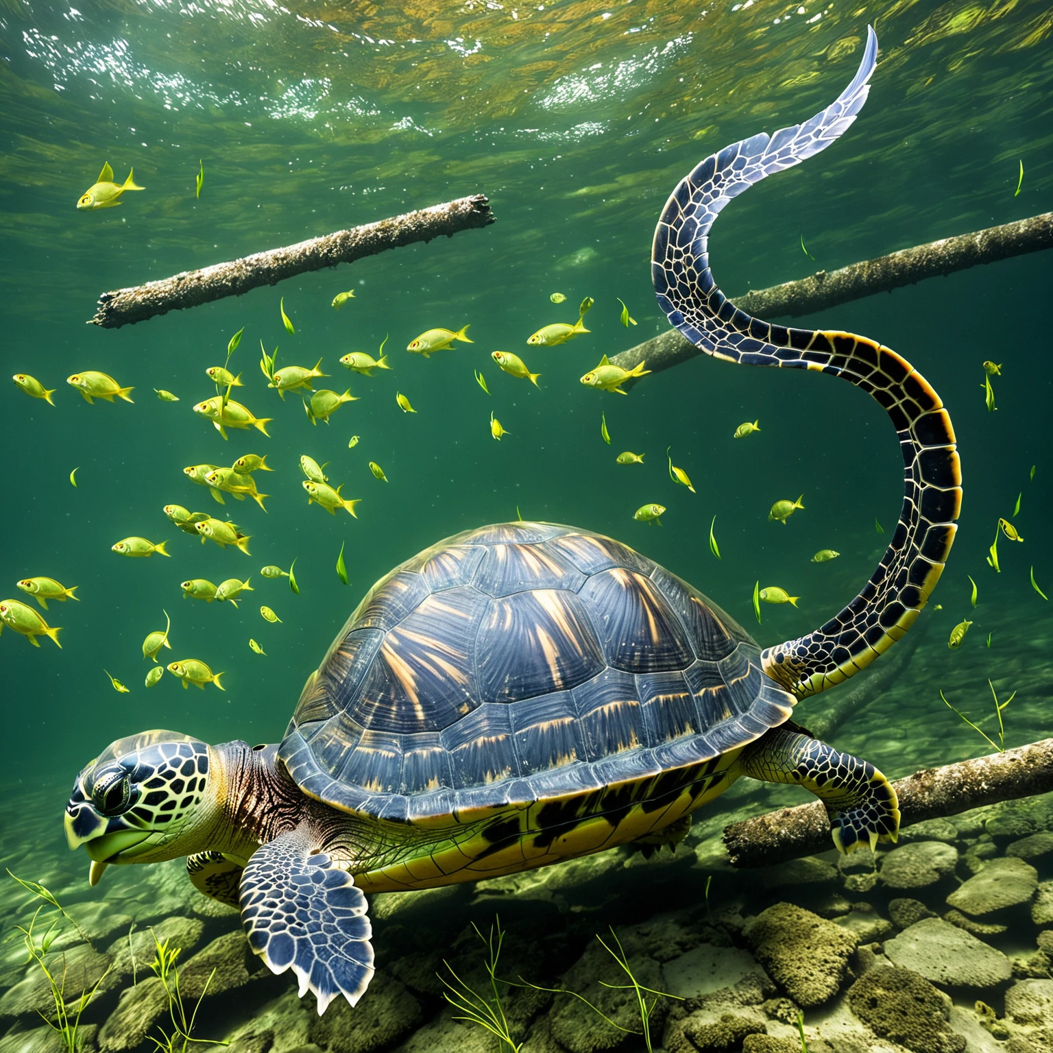 There are many magical turtles living at the bottom of the river,Its shape is no different from that of a turtle.,But it was a bird's eye view but a snake's tail,Mysterious Creatures, shrike, (best quality,4k,8k,High level,masterpiece:1.2),Ultra Detailed,(lifelike,Photo real,Photo real:1.37),Highly detailed animals,Complex patterns,Dramatic lighting,Fantasy Creatures