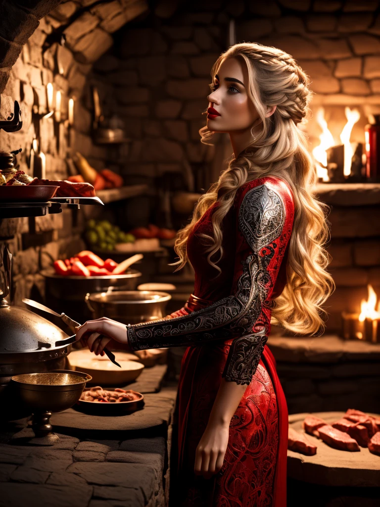 (side view), beautiful girl, blonde, red lips, (in red-black dress), cooking in medieval kitchen, medieval oven, meat, knife, vegetables, (detailed background:1.5), (intricate environment details), (hyperdetailed), (detailed skin and hair texture)+++, (ultra realism), (8K UHD), (ultra quality), (dslr)