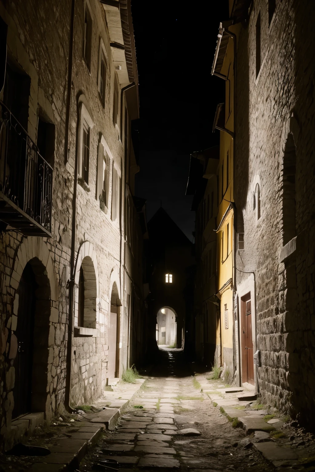 ((melhor qualidade)),An abandoned medieval city at night with broken cobblestone streets ruined buildings the windows of the houses are black holes and an ominous shadow runs through the narrow alleys in the center of the city an ancient well seems to emit an unearthly glow