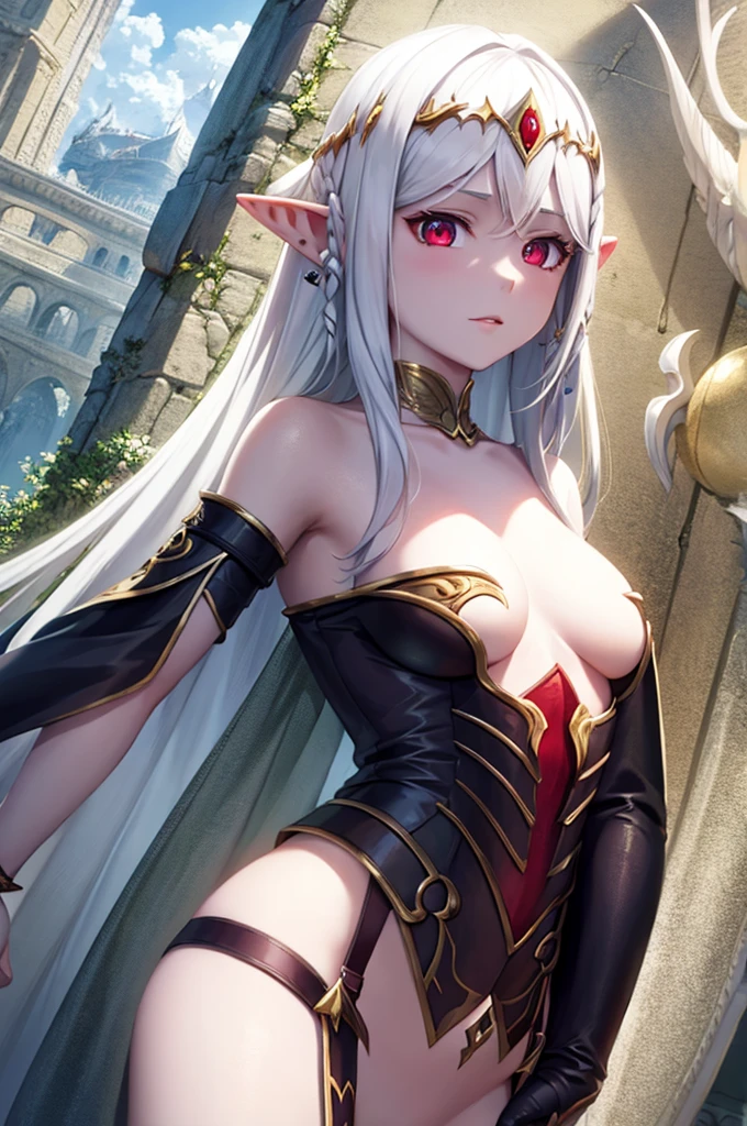 mature female elf, full body, long white hair, pointed ears, white skin, red eyes, confident expression, full plate adorned armor.