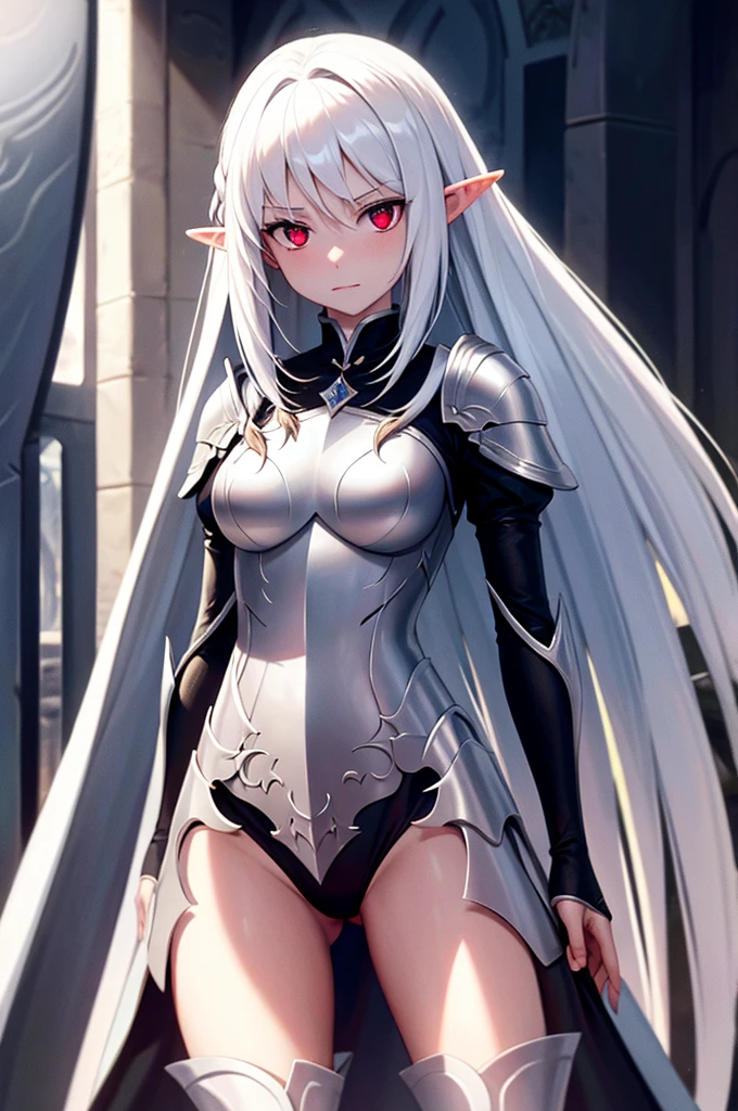 mature female elf, full body, long white hair, pointed ears, white skin, red eyes, confident expression, full plate adorned armor.