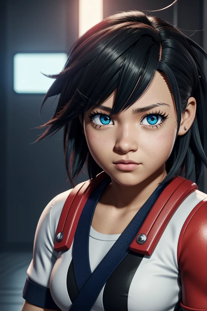 Captura de pantalla My hero academia
Chica de uniforme de My hero academia, cabello como hombre color negro, ojos rojos con pupilas filosas, cicatriz en el ojo y cuerpo de tomboy