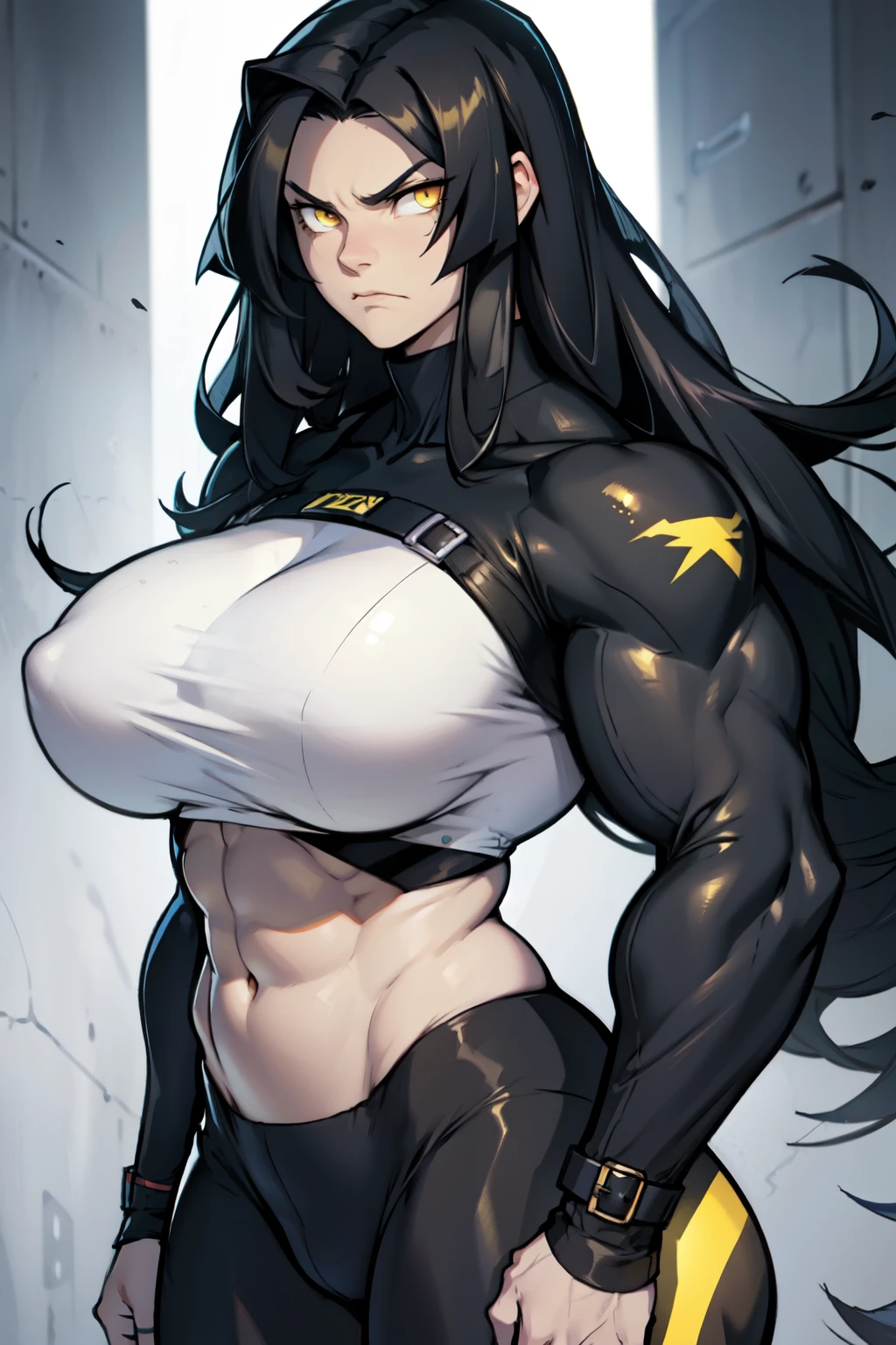 girl ((muscular)) huge breasts toned body black hair yellow eyes very long hair solo pale skin sad frown