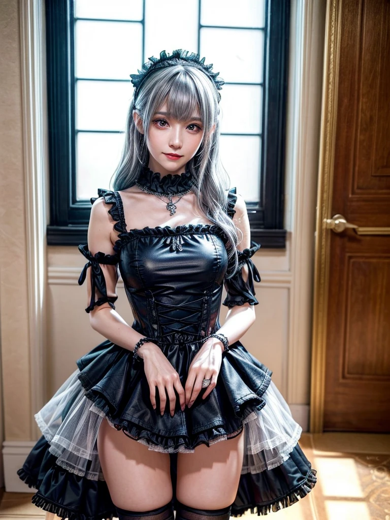 (8K, Photorealistic, Raw photo, of the highest quality: 1.3), (1girl in), Super beautiful, (Realistic face), (boyish, Silver Color Berry Shorthair), Beautiful , Glare that captivates the viewer, Beautiful expression, Beautiful breasts, (Realistic skin), Be...Super high quality, super high definition, super detailed, masterpiece, 20years old, female, cute, perfect face, beautiful, nice body, gothic lolita clothes, gothic lolita fashion,black dress, frilly skirt, headdress, necklace, bracelet, knee-high socks, boots, double eyelids, tear bags, Detailed down to the fingers, photo-like description, indoors, dim indoor lighting, Blue-tinged silver hair, red eye on the right eye and blue eye on the left eye, long hair, standing, whole body, composition that shows the whole body, smiling,Luminous Valentine from That Time I Got Reincarnated as a Slime