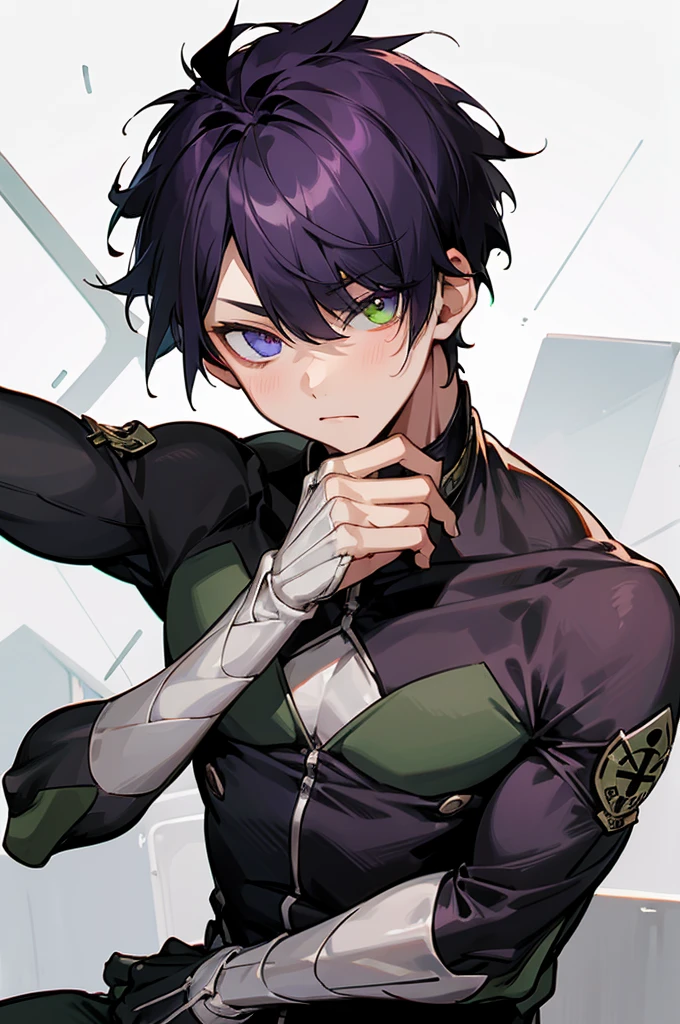 (1boy,masculino,Short hair,(alone)), heterochromia , one eye green , one eye purple