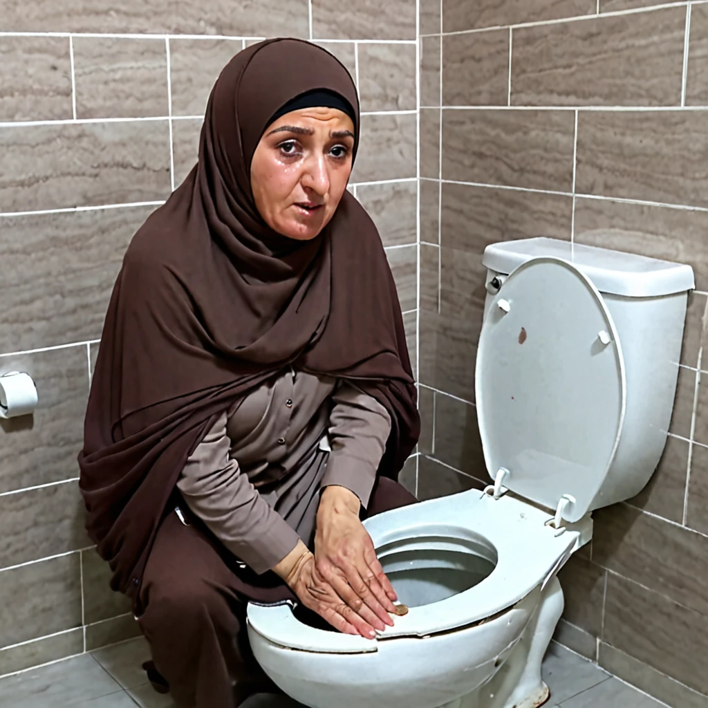 Kurdish mature older Woman in hijab using at toilet pooing