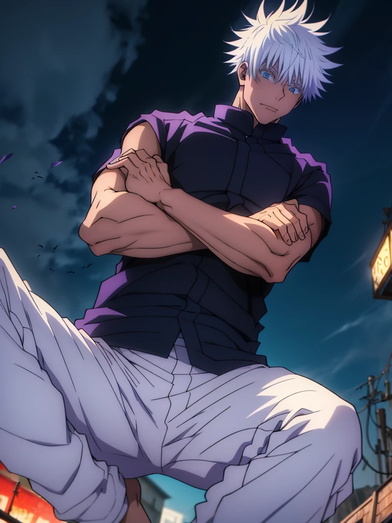 Generate the famous character Satoru Gojo from the anime Jujutsu Kaisen, dicho personaje es un albino, tiene 2 brazos y 2 piernas, es de pelo blanco, con ojos celestes cristalinos, tall size, lleva un polo ????? y el polo es de manga corta, wide white pants, Chinese shoes and a black belt. The character is doing a battle pose, en un ciudad en ruinas, es de noche, the moon is bloody red. Give me the image 8k resolution, Bright light illumination, destello de lente, nitidez, obra maestra, High Definition, high resolution, extremadamente detalles CG, estilo animado, film photography, hiperdetalle.
