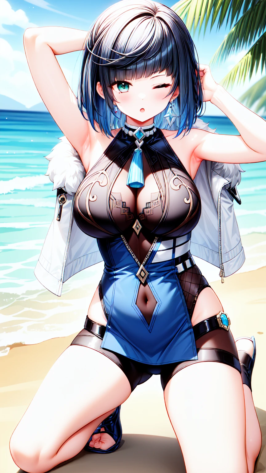 1girl, solo, large breasts, yelandef, embarrassed, ;o, one eyes closed, beach, kneeling, spread legs, arm up, arm behind head, armpits