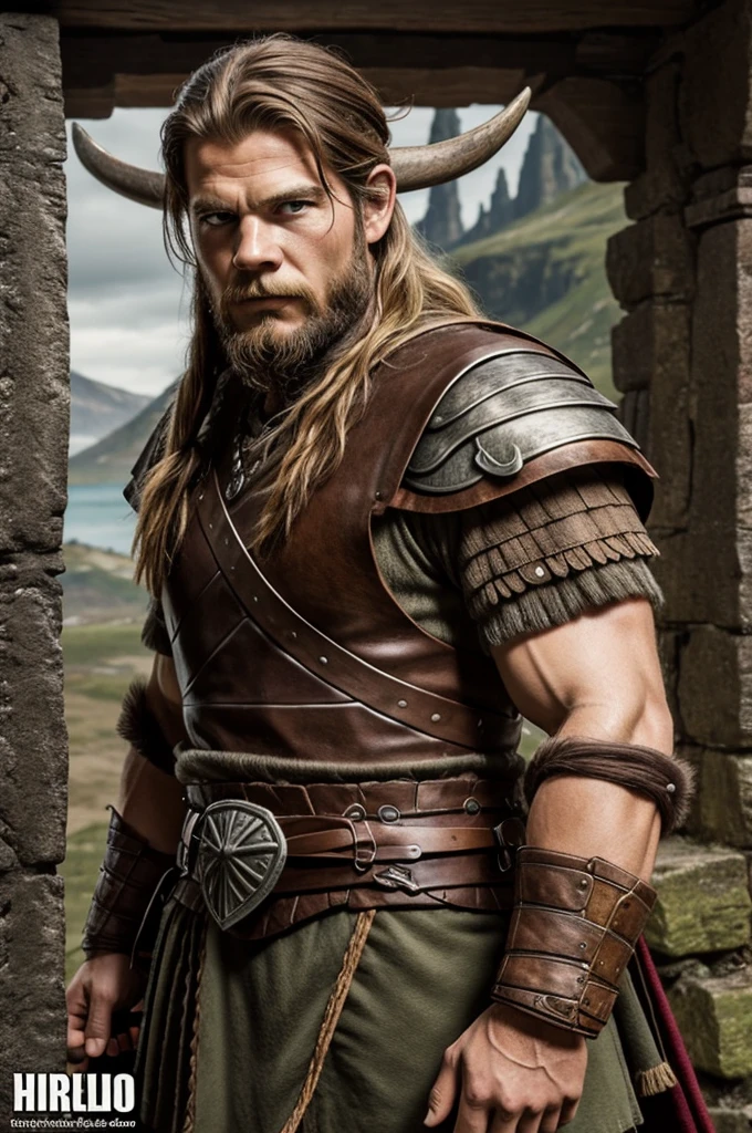 Crea a una imagen de un vikingo hablando de manera seria, but with a comic style 