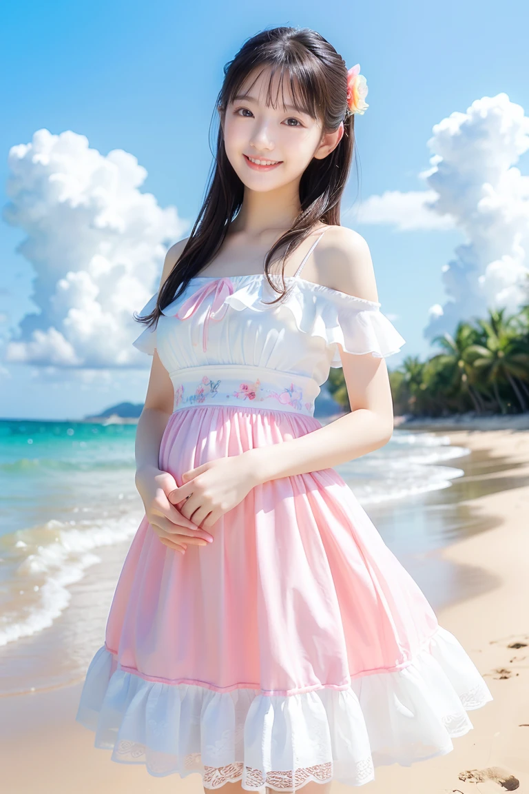 (Highest quality、masterpiece、8k、Best image quality、Hyperrealism、Award-winning works)、1 pregnant woman、(alone:1.1)、(1 photo:1.1)、(Lolita:1.1)、(Cute girl ornament:1.1)、(ガーリーな可愛いLolita少女:1.3)、ガーリーな大きいLolitaリボン、(ガーリーな可愛いLolitaウェーブヘア:1.1)、An elegant white T-shirt with lace and frills、(Light pink long flare skirt, transparent, Light berry pattern.:1.2)、(late pregnancy:1.2)、Large Breasts、(Beautiful Hiroshi々Standing gracefully on the smooth sand:1.3)、(Vivid, clear, sparkling waters:1.3)、(Beautiful surf edge:1.2)、(Beautiful sunny sky:1.1)、(Beautiful thunderclouds:1.1)、Standing Elegantly、Looking at me with the biggest smile、Accurate anatomy、Perfect Makeup、Long eyelashes、Glossy Lips、Ultra HD glossy skin、(Ultra-high resolution, bright and beautiful skin:1.2)、(very bright and vivid:1.3)、超高精細のGlossy Lips、Ultra-high resolution beautiful teeth、Upper body photo