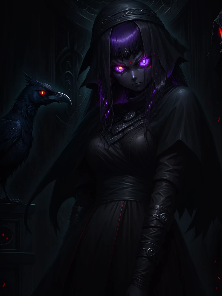 girl, dark, glowing eyes, evil, evil and scary look, raven nearby