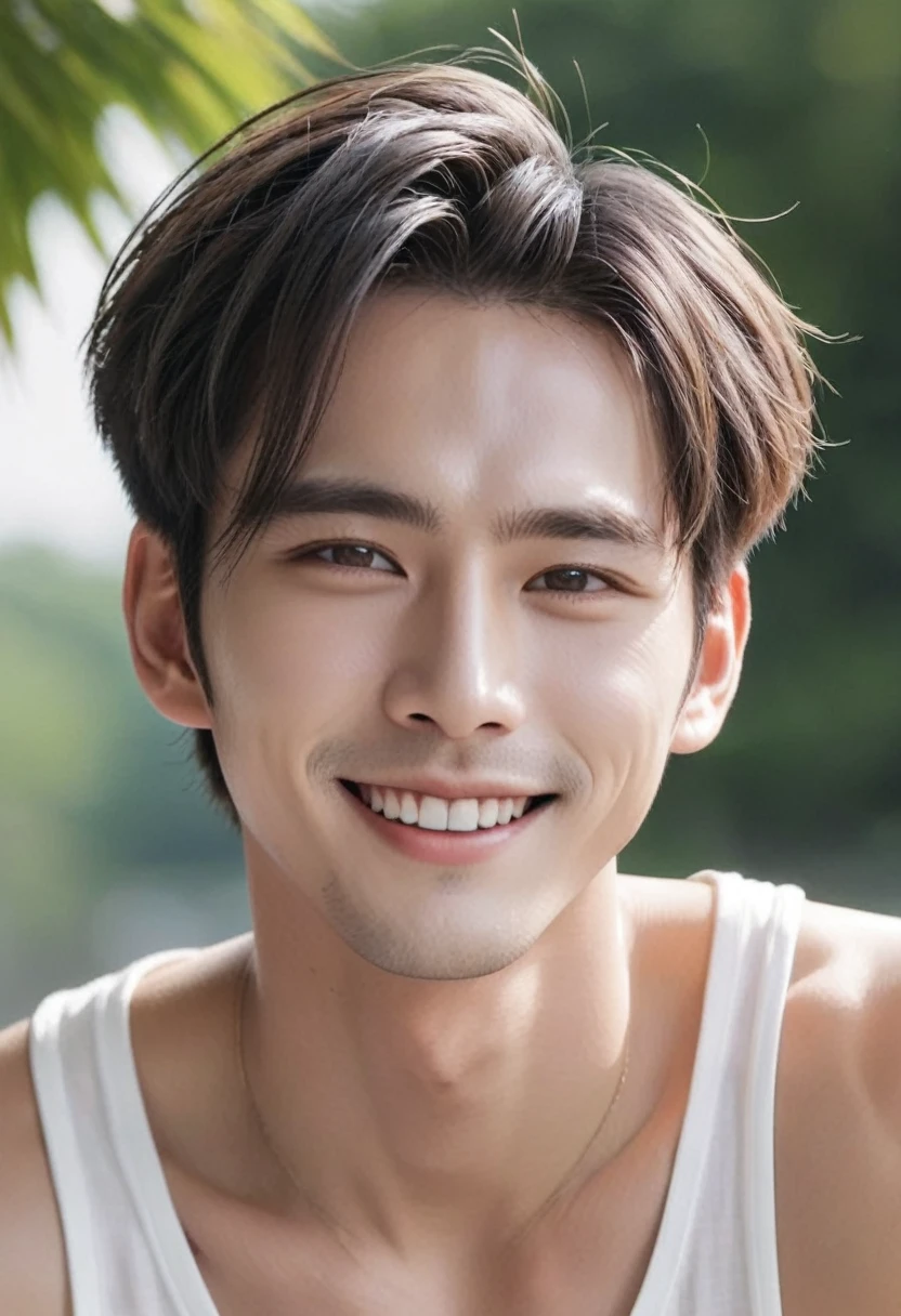 double eyelid、male、Muscular、Foreigners、White skin、smile、Smiling with teeth showing、White Hair、Set hairstyle、T-Shirts、Under the blazing sun、sunlight、summer、Dazzling、20th Generation、Bony face、tall、White eyebrows、Narrow eyes、Light blue eyes、Perfect figure、masterpiece、No bangs、Nature