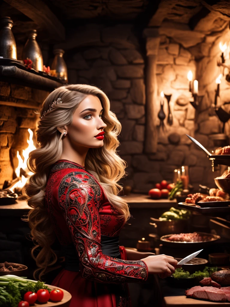 (side view), beautiful girl, blonde, red lips, (in red-black dress), cooking in medieval kitchen, medieval oven, meat, knife, vegetables, (detailed background:1.5), (intricate environment details), (hyperdetailed), (detailed skin and hair texture)+++, (ultra realism), (8K UHD), (ultra quality), (dslr)