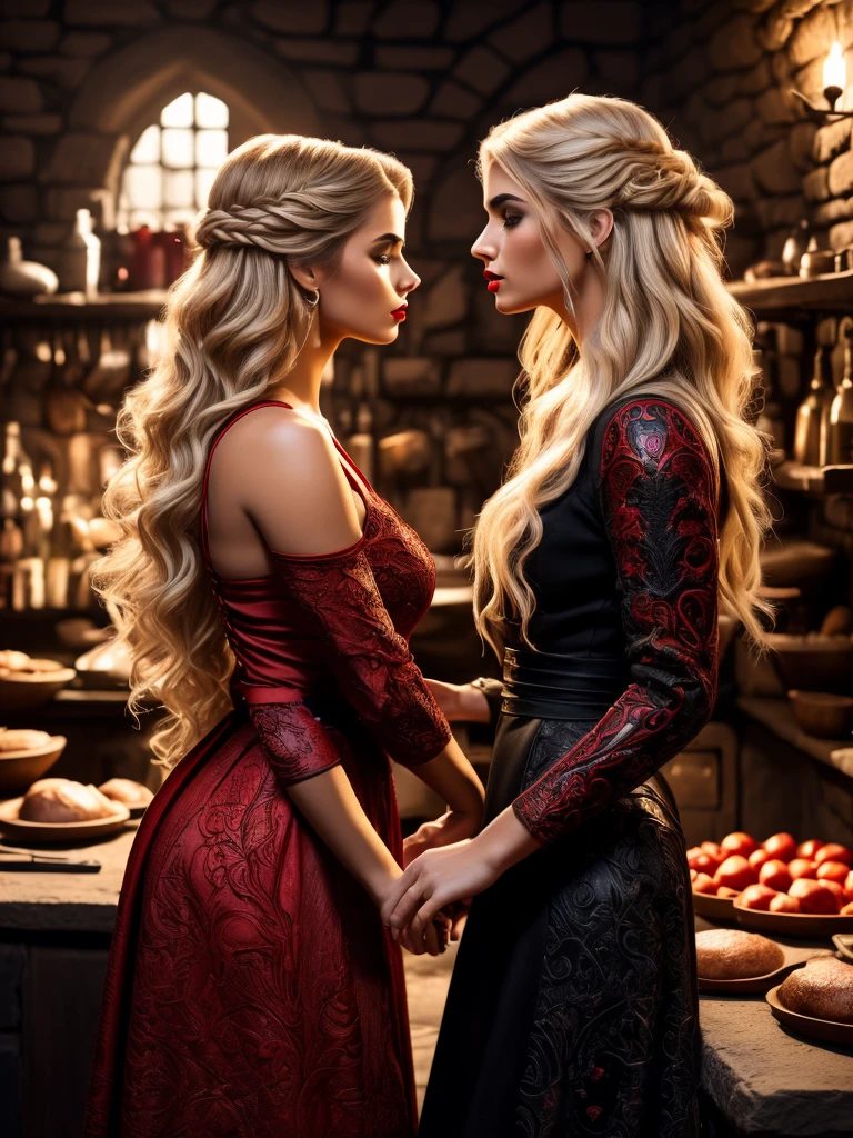 (side view), beautiful girl, blonde, red lips, (in red-black dress), cooking in medieval kitchen, medieval oven, meat, knife, vegetables, (detailed background:1.5), (intricate environment details), (hyperdetailed), (detailed skin and hair texture)+++, (ultra realism), (8K UHD), (ultra quality), (dslr)