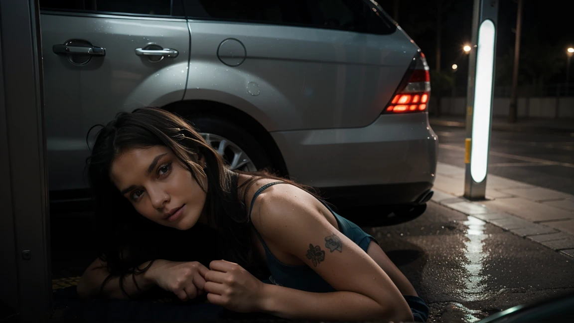 punk rock style girl wearing shorts is sleeping inside a car theres a windown next to her with raindrops, night light cinematic