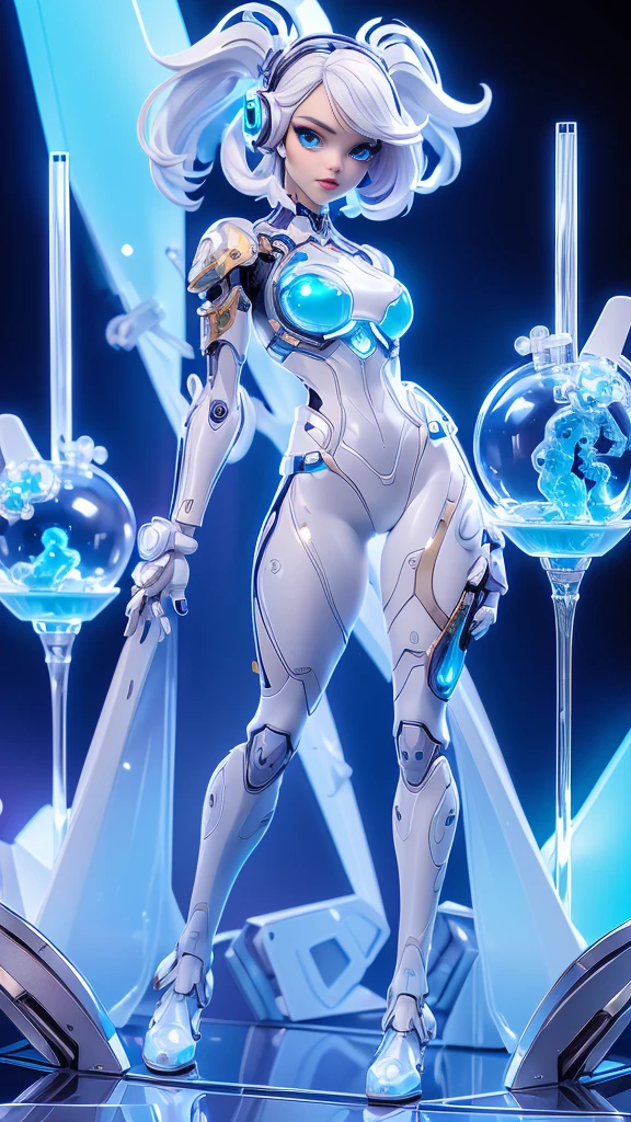 ((full body concept art, simple background)), ((Best Quality, best resolution, award-winning portrait, official art)), ((perfect Masterpiece)). Young beautiful girl, (La mejor calidad,A high resolution,Ultra - detallado,actual),Ariana Grande japonesa androide cyborg ,(detailed: 1.4), (Absurd), mature woman, beautiful face, perfect body, bare thighs, long legs, cyberpunk post apocalyptic colors. She has (short white hair), ((the most beautiful and sexy aesthetic)), sexy, cleavage showing, hot, sexy, seductive posture, mecha arm, tech suit,(Best quality,A high resolution,Ultra - detailed,current),Ariana Grande Japanese android cyborg,robotic parts, beautiful studio with soft light, Vibrant details, Luxury cyberpunk, (Android body made of white and silver transparent glass and plastic..:1.4), (Internal mechanisms of the silver+pink metal body), dynamic pose, Fluid organic components, Detailed engraving, lace designs, (Shiny gold circuits:1.4), (eyes detailed blue :1.4 ), (cowboy pose), (realistic), 8K high quality detailed art, Fanart Best ArtStation, fantasy art style, (transparent glass body:1.4), (perfect anatomy) ,High Definition, (laboratory background Robotic futuristic dystopia colors:1.4),(detailed fingers),(detailed face:1.4), (no mutations),(detailed face V2.1), (masterpiece:1.4), ((Best quality:1.4),