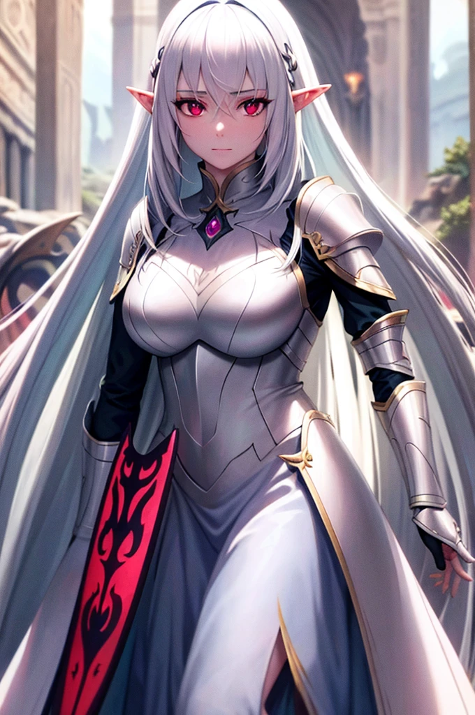 mature female elf, full body, long white hair, pointed ears, white skin, red eyes, confident expression, full plate adorned armor.