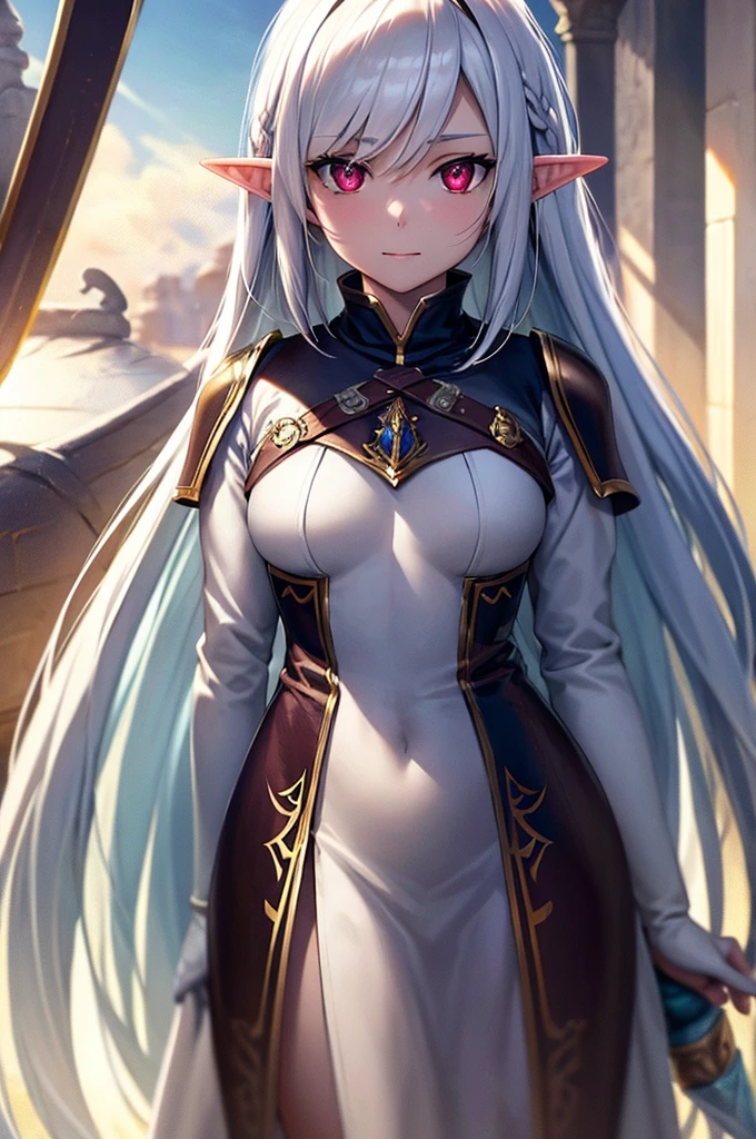 mature female elf, full body, long white hair, pointed ears, white skin, red eyes, confident expression, full plate adorned armor.