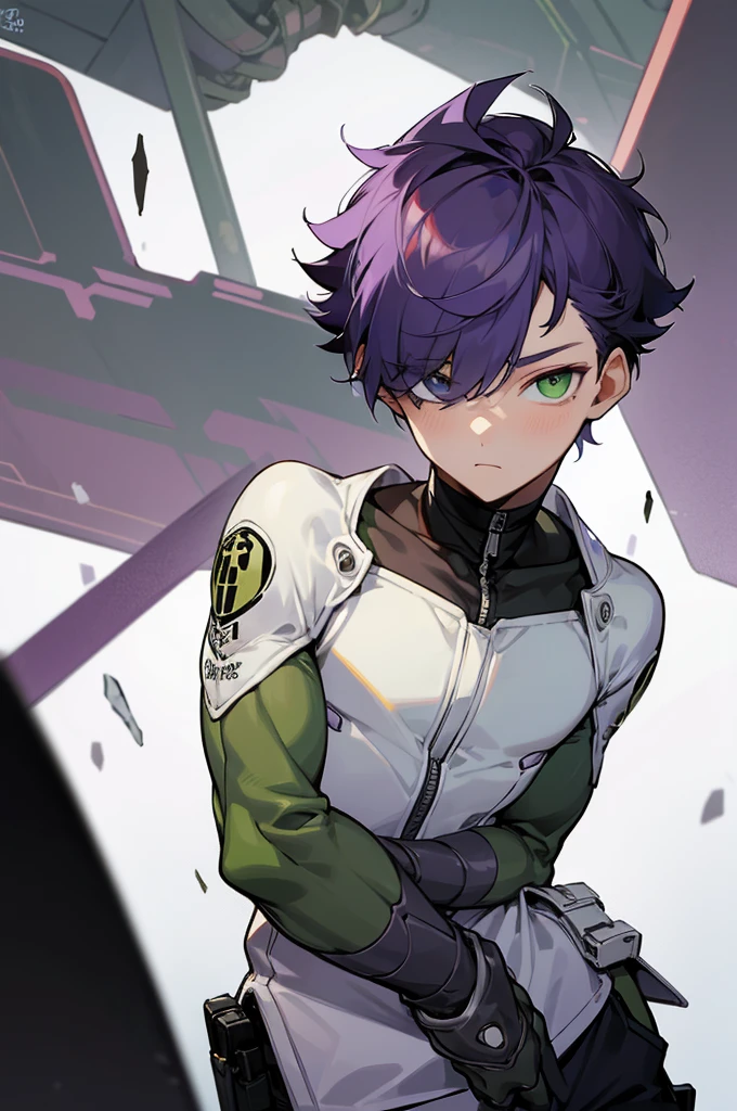 (1boy,masculino,Short hair,(alone)), heterochromia , one eye green , one eye purple, arms in pockets