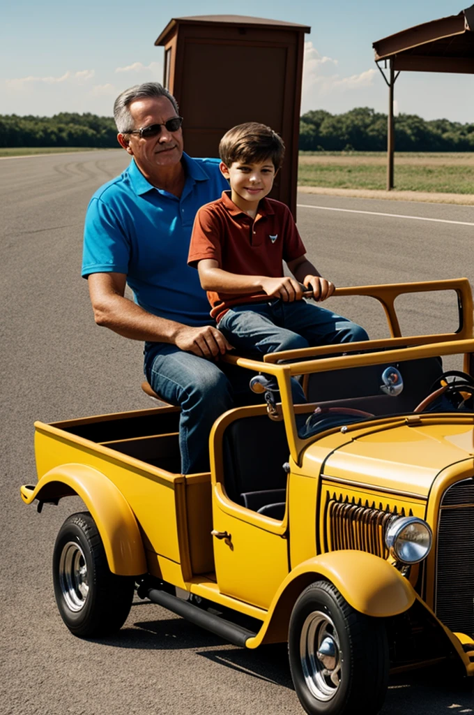 Dad and boy on a Hot Rod 3d image