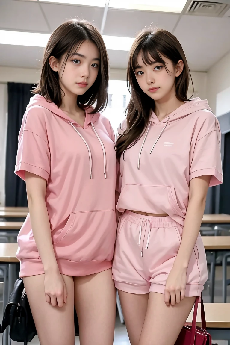 deux femmes ensemble de 18 ans sexy et mince , pink short sleeve hoodie , salle de classe, se touche,position sey,sensuel