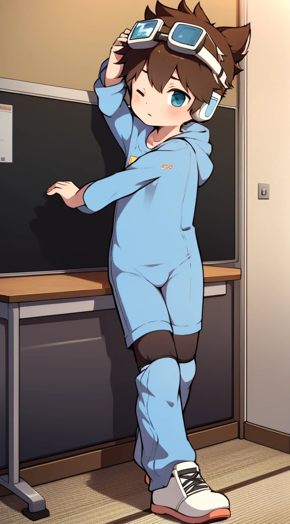 2D Boy Shota,One-piece mountaineering suit,Put the headphones on your head,permanent,goggles,Cow ears,sports shoes,classroom,Walk