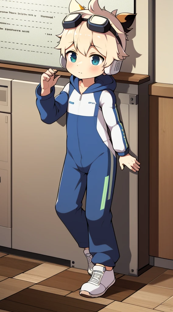2D Boy Shota，One-piece mountaineering suit，Put the headphones on your head，permanent，goggles，Cow ears，sports shoes，classroom，Walk