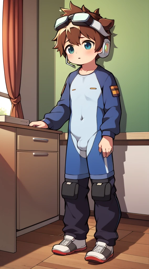 2D Boy Shota,One-piece mountaineering suit,Put the headphones on your head,permanent,goggles,Cow ears,sports shoes,classroom,Walk