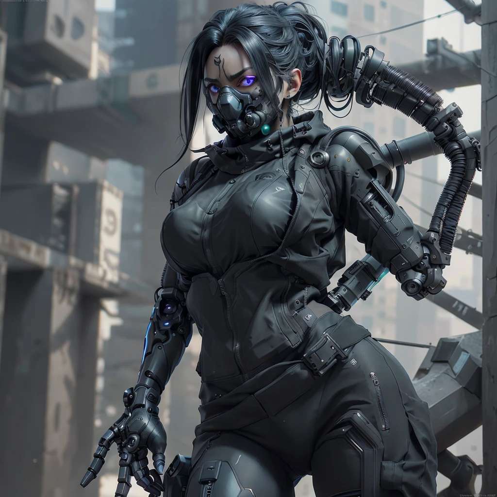 arafed woman in a black outfit and a gas mask, all black cyberpunk clothes, cyberpunk outfit, cyberpunk fashion clothes, cyberpunk style outfit, wearing techwear and armor, cyberpunk outfits, cyberpunk fashion clothing, cyberpunk clothes, dystopian scifi outfit, photograph of a techwear woman, cyberpunk streetwear, wearing cyberpunk streetwear, cyberpunk fashion, cyberpunk high fashion, style of cyberpunk, ((Best quality)), ((masterpiece)), (detailed:1.4), 3D, an image of a beautiful cyberpunk female,HDR (High Dynamic Range),Ray Tracing,NVIDIA RTX,Super-Resolution,Unreal 5,Subsurface scattering,PBR Texturing,Post-processing,Anisotropic Filtering,Depth-of-field,Maximum clarity and sharpness,Multi-layered textures,Albedo and Specular maps,Surface shading,Accurate simulation of light-material interaction,Perfect proportions,Octane Render,Two-tone lighting,Wide aperture,Low ISO,White balance,Rule of thirds,8K RAW, asian skin tone, intricate, elegant, realistic depth of field photography, perfect natural lighting (masterpiece, sidelighting, finely detailed beautiful eyes: 1.2), long hair, realistic lots of hair, realistic suit, realistic human face, realistic cyber city background, girl with robot arm, girl with body robot,