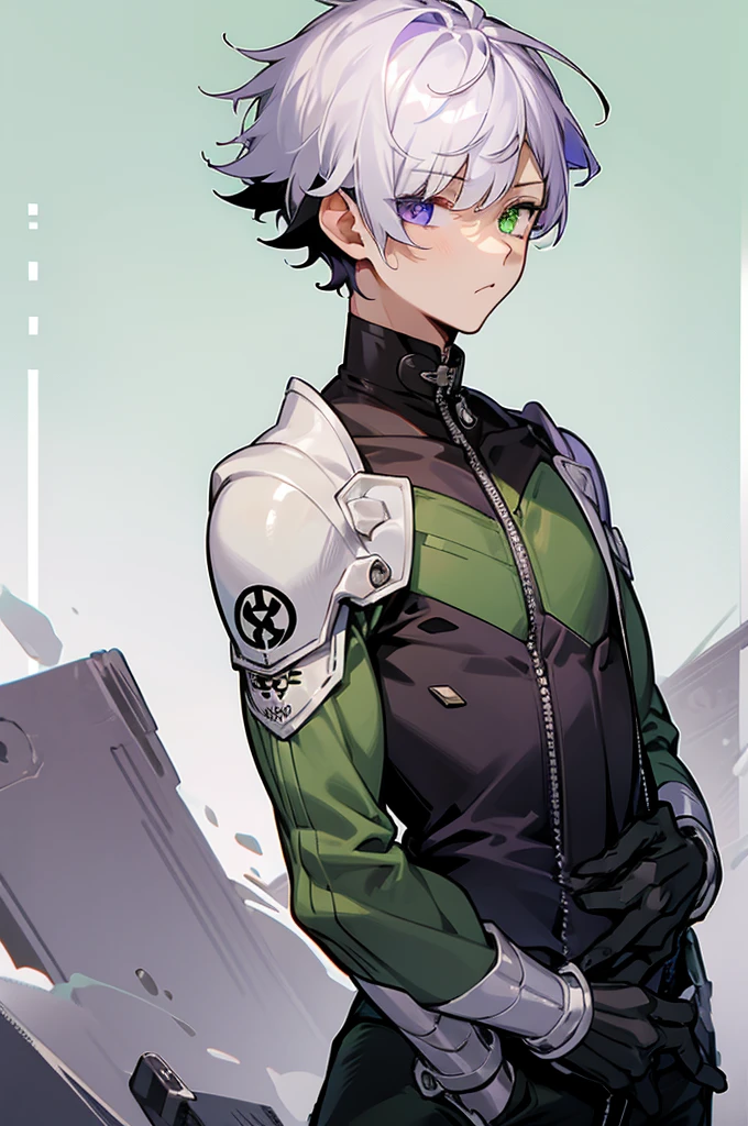 (1boy,masculino,Short hair,(alone)), heterochromia , one eye green , one eye purple, arms in pockets, upper body