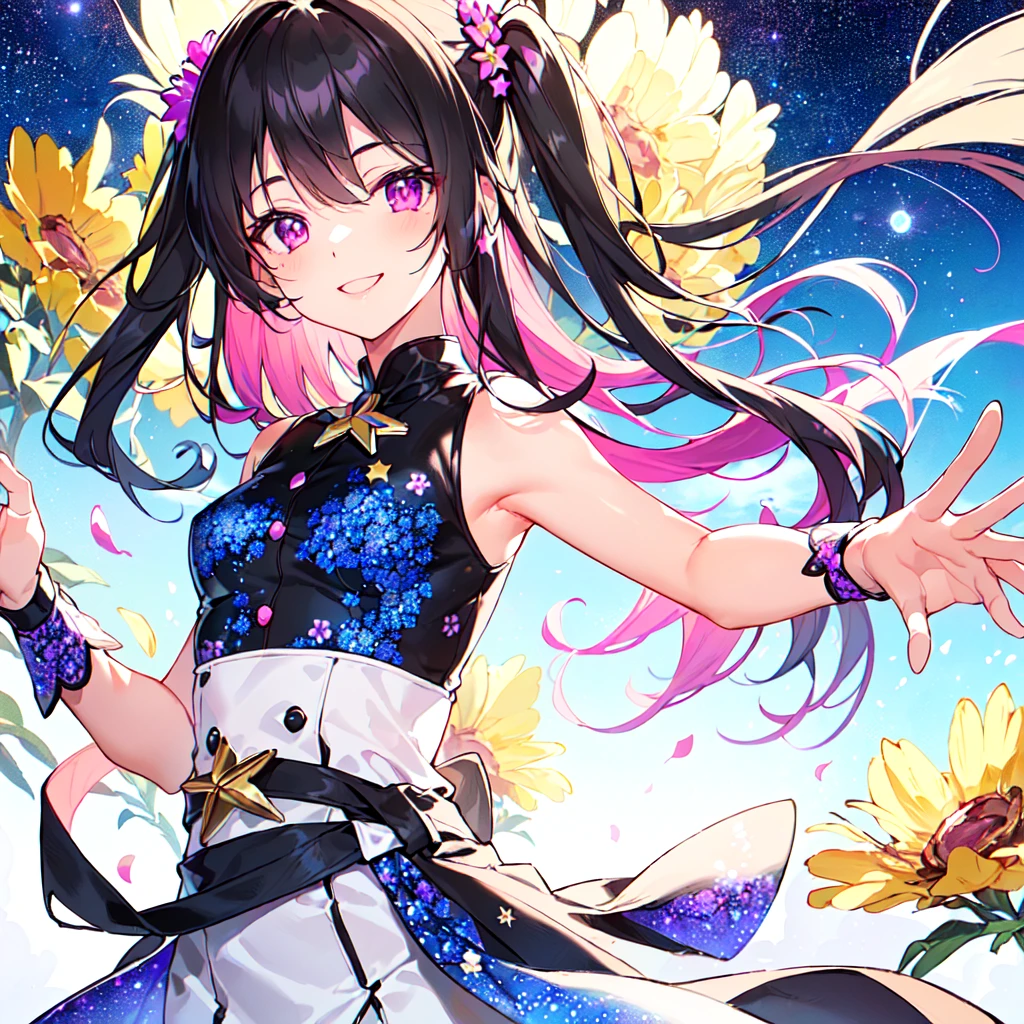 masterpiece, best quality, high quality, extremely detailed, very delicate and beautiful, (1 female 18 years old solo:1.2), (long black hair up to waist with two side up:1.4), bangs to eyebrows, eyes (eyes sharp, strong glossy glossy eyes, eyebrows glossy, (eye color magenta:1.3), 6.5 head height, (southern star flower and star summer print fashion:1.3), knee socks, ruffles, lace, (smiling), (running), (dynamic pose), (background southern star flower field: 1.3),(starry sky: 1.3), (upper body:1.3)