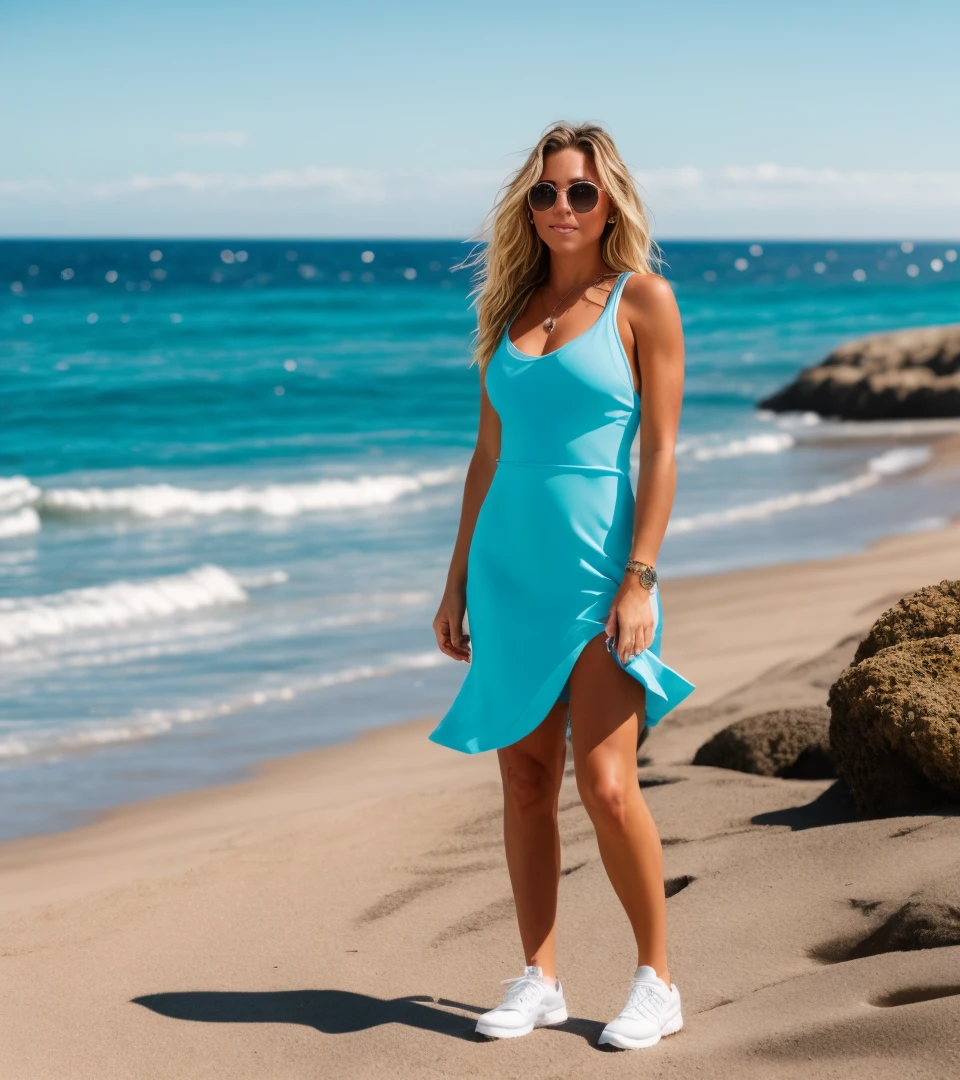 imagen de cuerpo entero, donde se puede observar a una chica rubia, 28 years old, pelo largo suelto, ojos azules, muy atletica, bien proporcionada, en traje de neopreno multicolor, caminando por la orilla de la playa, dia solado, otros surfista cerca, imagen extra realista