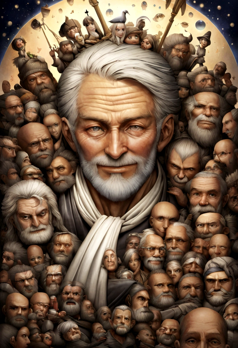Imaginez un homme habile portant une blonde aux cheveux noirs et une barbe avec un sourire environ 55 ans