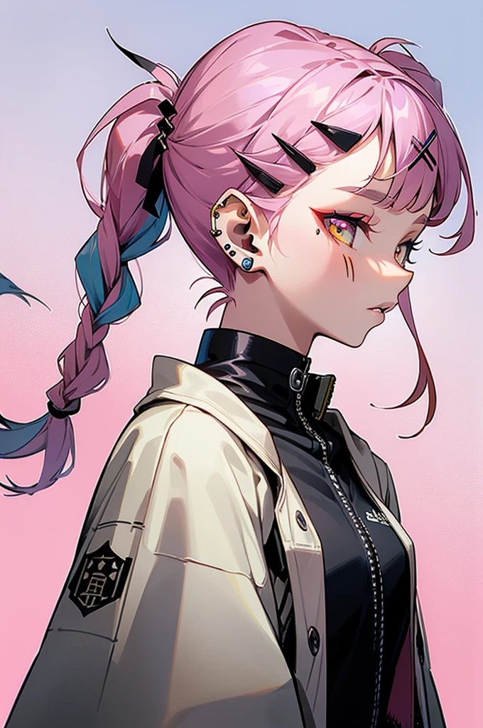 masterpiece, best quality, 1girl, solo, piercing, long hair, pink hair, blue background, earrings, ear piercing, jewelry, simple background, hair ornament, makeup, bangs, looking at viewer, parted lips, hairclip, braid, eyeshadow, twintails, multicolored eyes, facial mark, upper body, jacket, from side, x hair ornament, profile, yellow eyes, high collar, twin braids, tattoo, blue lips