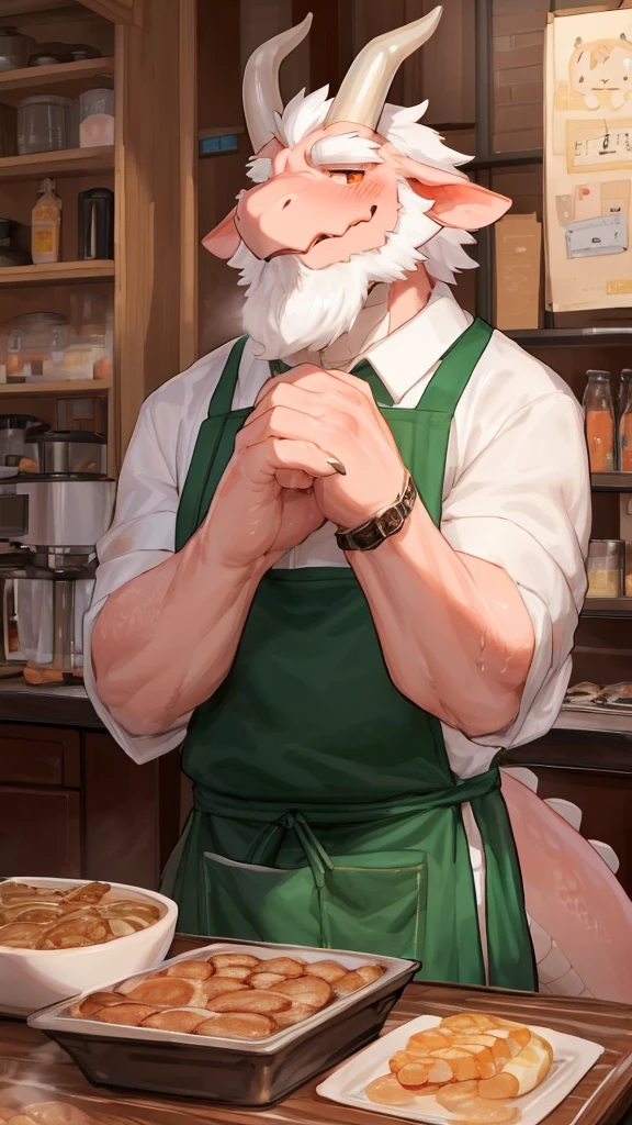 (Best quality: 1.0), (Super High Resolution: 1.0), (masterpiece, best quality:1.2), detailed, detailed hands, detailed eyes, score_9, score_8_up, score_7_up, furry, anthro, ((dragon)), ((solo)), grandpa, (about 70 years old), (manly), curved horns, handsome face, huge, bangs, white beard, beard above mouth, fluffly fur, nipples, looking pleasured, sexually, sexy pose, SFW, coffee shop, (apron), flaccid, in heat, panting, sweat, sweaty, musk, (skinny, shy), hands touching, (looking at viewer, shy), blushes:0.3, close up view, (by bebebebebe, by syuro)