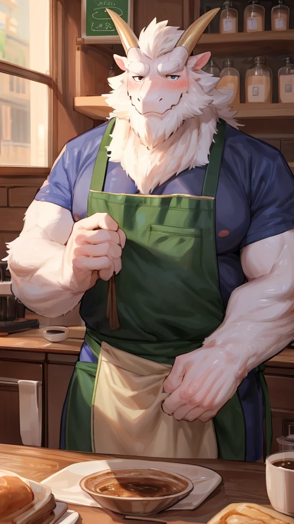 (Best quality: 1.0), (Super High Resolution: 1.0), (masterpiece, best quality:1.2), detailed, detailed hands, detailed eyes, score_9, score_8_up, score_7_up, furry, anthro, ((dragon)), ((solo)), grandpa, (about 70 years old), (manly), curved horns, handsome face, huge, bangs, white beard, beard above mouth, fluffly fur, nipples, looking pleasured, sexually, sexy pose, SFW, coffee shop, (apron), flaccid, in heat, panting, sweat, sweaty, musk, (skinny, shy), hands touching, (looking at viewer, shy), blushes:0.3, close up view, (by bebebebebe, by syuro)