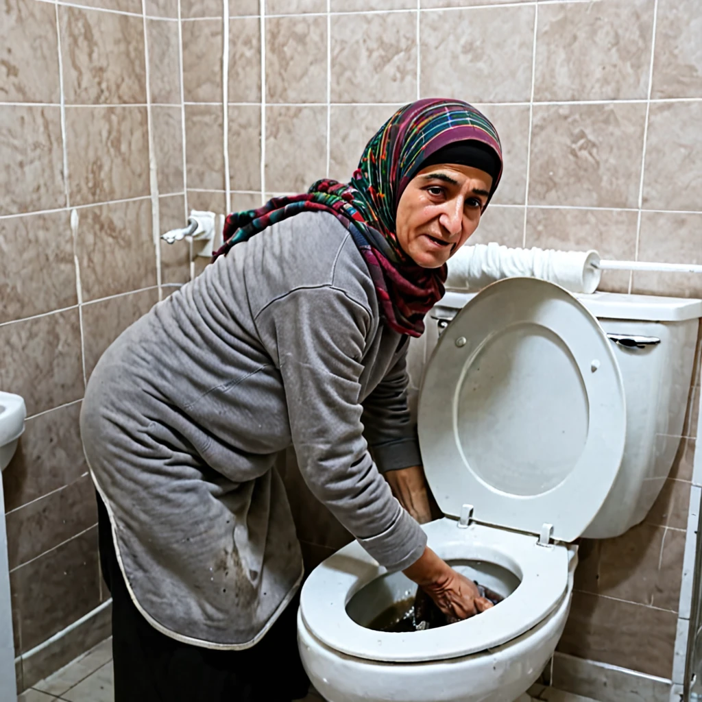 Ugly Kurdish mature older Woman in hijab sweatshirt cleaning the toilet in bathroom housekeeping view from side back top dirty toilet