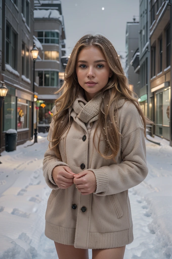 professional portrait photograph of a gorgeous Norwegian girl in winter clothing with long wavy blonde hair, sultry flirty look, gorgeous symmetrical face, cute natural makeup, wearing elegant warm winter fashion clothing, ((standing outside in snowy city street)), stunning modern urban environment, ultra realistic, concept art, elegant, highly detailed, intricate, sharp focus, depth of field, f/1. 8, 85mm, medium shot, mid shot, (((professionally color graded))), bright soft diffused light, (volumetric fog), trending on instagram, hdr 4k, 8k