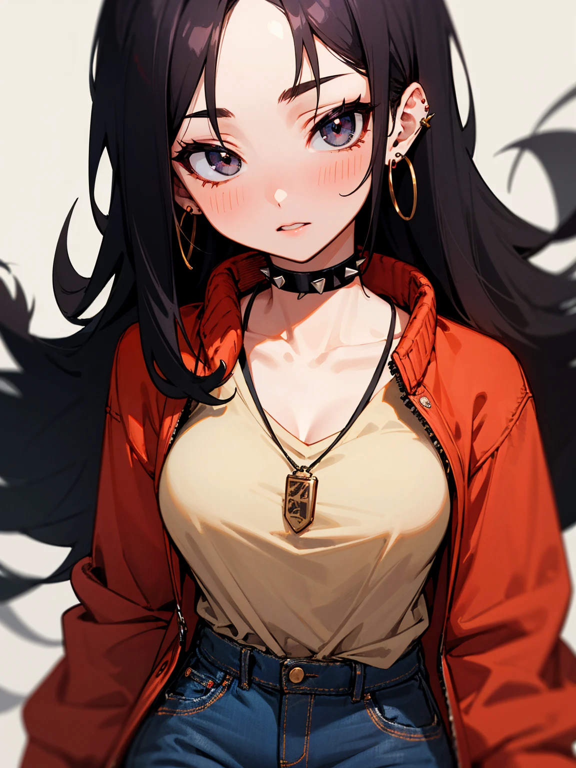 ((Long Straight Black hair)), Perfect face, Choker, Punk earrings, ((Tall)), ((High Quality)), Necklace, ((Mature)), Pretty Eyes, Sharp Nails, Bangs, ((1 Girl)), Hot, ((Multiple Earrings)), Natural Tits, 1 girl, Beautiful, Sexy, Spiky Earrings, Adult, Spiked Collar, Thin Eyelashes, ((Shirt)), Plain Background, Red Colors in Background, Black Eyes, Black Clothes, Long Bangs, Lewd, Orgasmic, Horny, Dark Colors, Slender Body, Long Legs, Close Up, Casual Pose, Jeans, Thick Letterman Jacket, Leaning Back, Skinny,