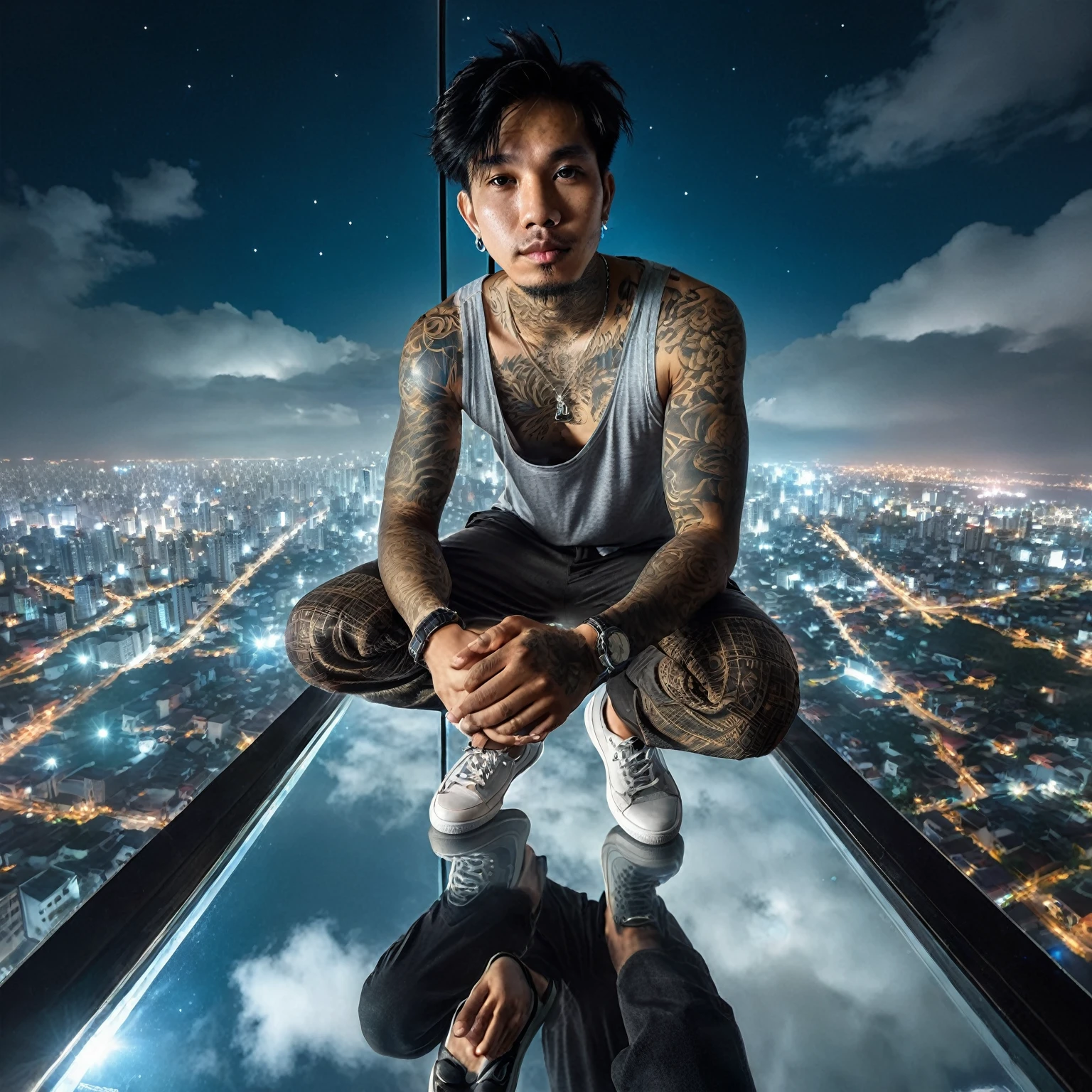 a tattooed Indonesian man sitting on transparent glass above the sky, below him is a city, looking at the camera, city lights from below shining on his face, night view, wearing a tank top, watch, trousers, shoes, squatting, very reflective, Taken using iPhone 15 Pro Max camera, unreal engine 5, profile image 1536px, photorealistic, high quality, Go-Pro style