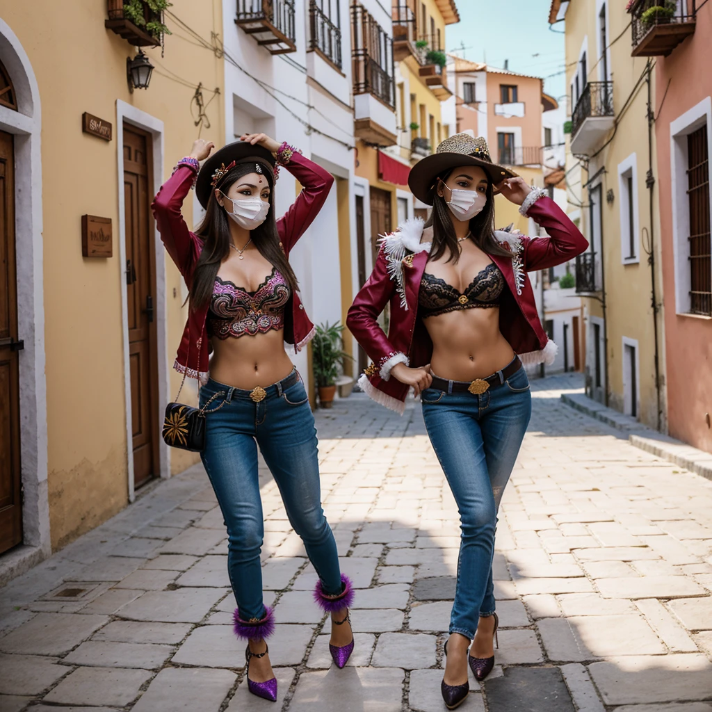 Una mujer Moscovita Bailado en un Morenada, pasacalles. The Morenada clothing includes Moreno masks, sombreros adornados con plumas, chaquetas y pantalones decorados con bordados y lentejuelas, faldas con volantes y enaguas, y zapatos de charol o cuero.