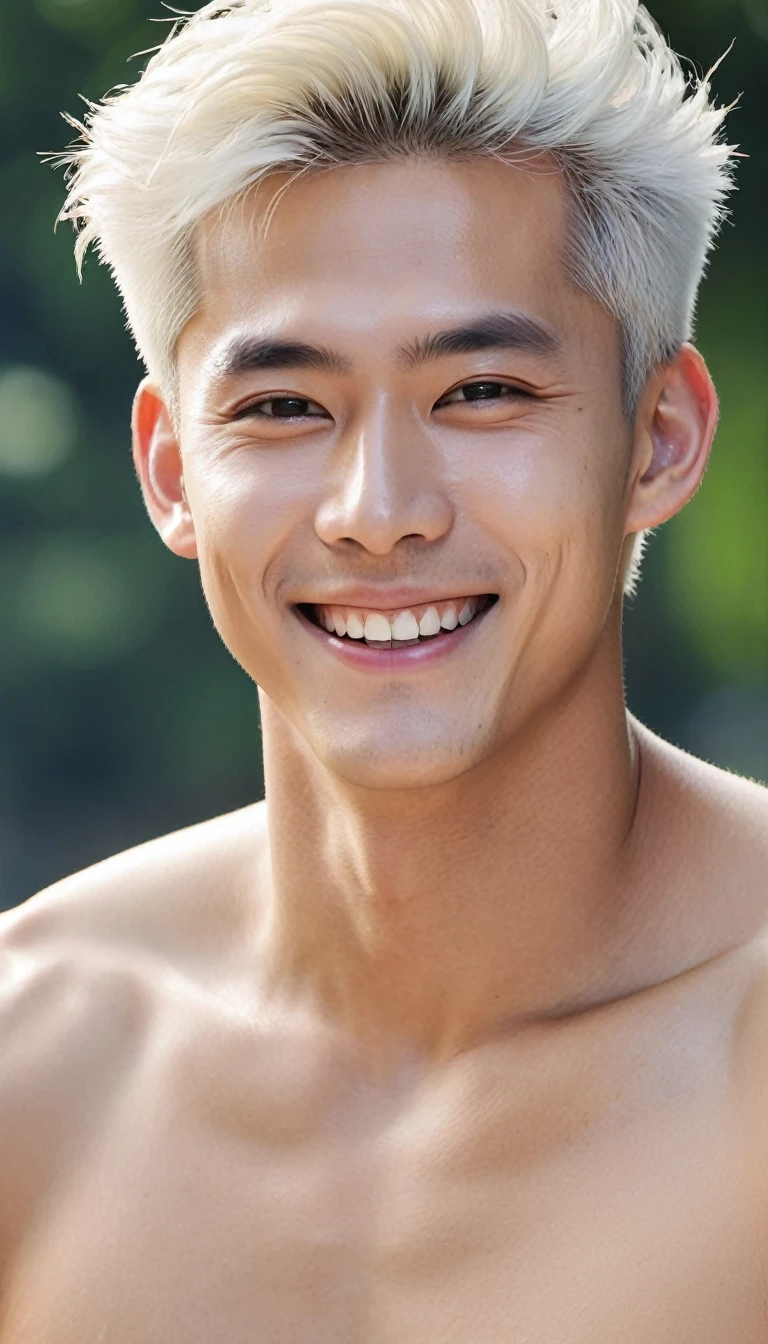double eyelid、male、Muscular、Foreigners、White skin、smile、Smiling with teeth showing、White Hair、Set hairstyle、T-Shirts、Under the blazing sun、sunlight、summer、Dazzling、20th Generation、Bony face、tall、White eyebrows、Narrow eyes、Light blue eyes、Perfect figure、masterpiece、No bangs、Nature