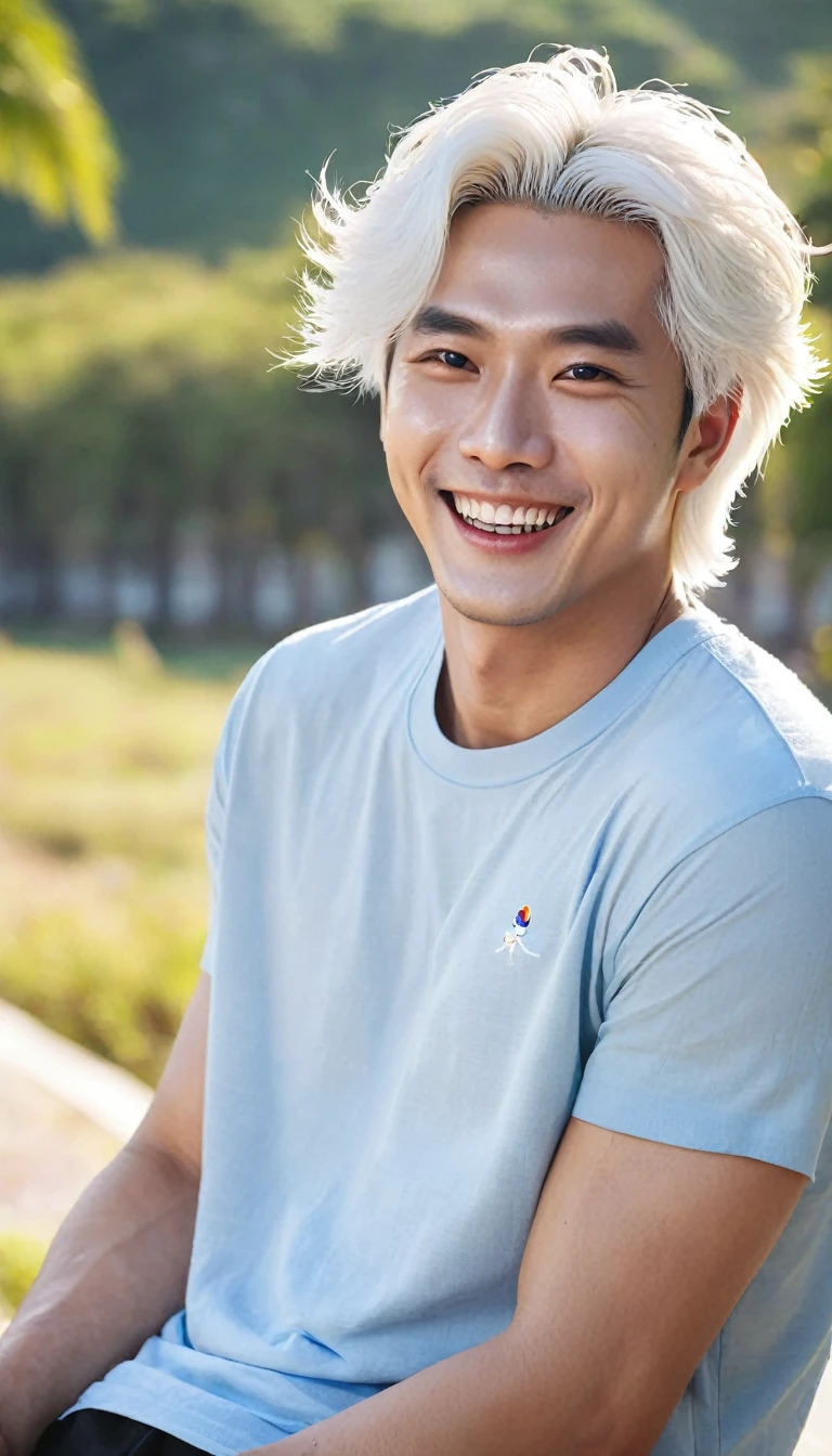 double eyelid、male、Muscular、Foreigners、White skin、smile、Smiling with teeth showing、White Hair、Set hairstyle、T-Shirts、Under the blazing sun、sunlight、summer、Dazzling、20th Generation、Bony face、tall、White eyebrows、Narrow eyes、Light blue eyes、Perfect figure、masterpiece、No bangs、Nature
