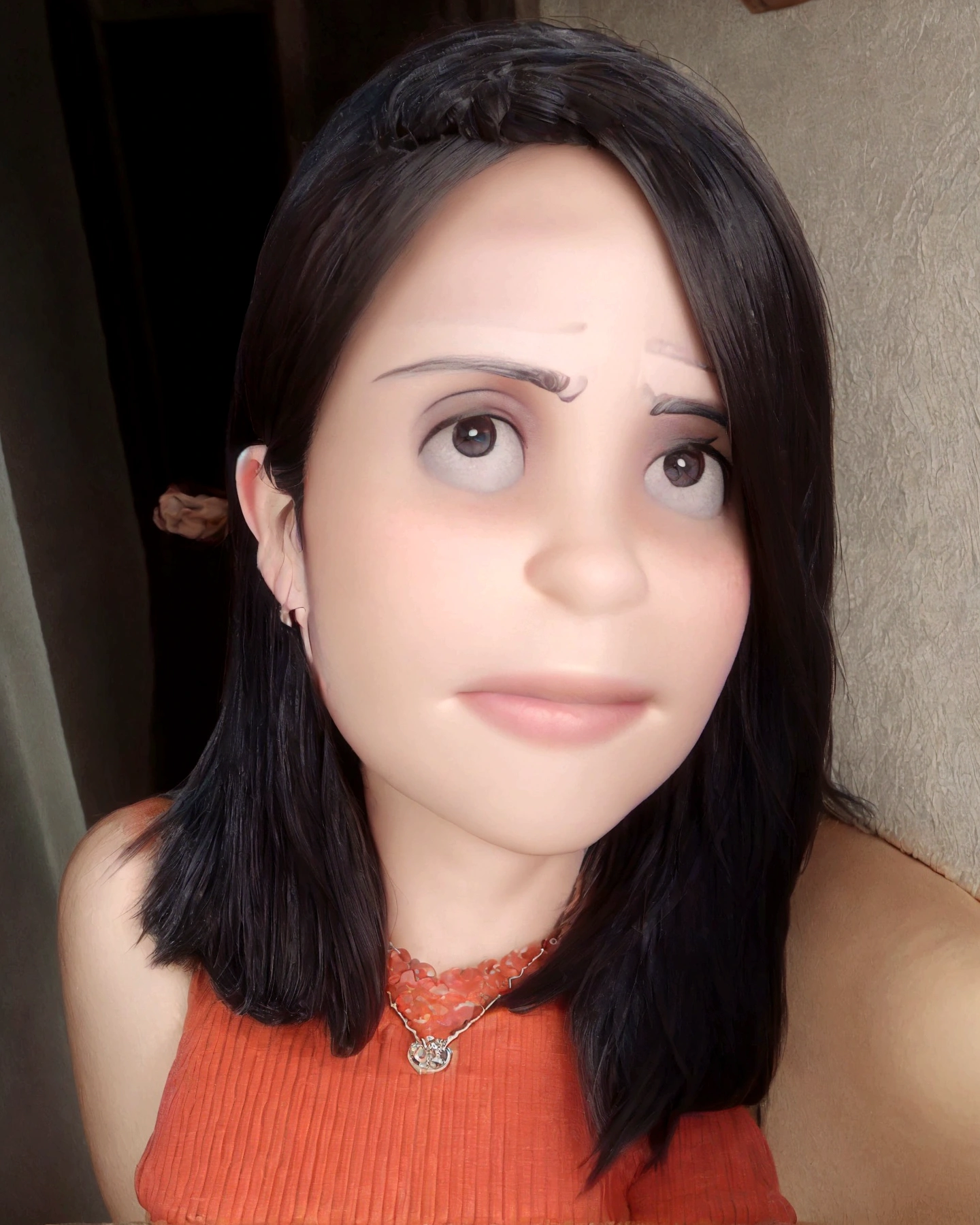 A 40 year old woman, long black hair, round face, white shirt with orange sleeves, in a classroom background, Pixar Disney style, 8k, high detailed, photorealistic, cinematic lighting, warm color tones, intricate details, volumetric lighting, soft focus, dramatic composition, realistic skin texture, beautiful eyes, elegant expression, dynamic pose